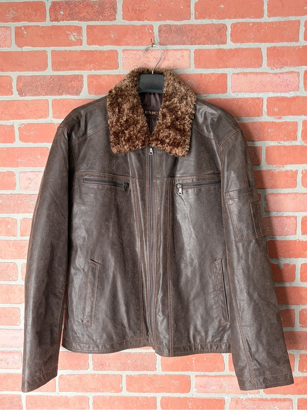 NWOT Vintage EMC Genuine Leather Jacket - Zip-Off Faux Fur Collar - Size XL